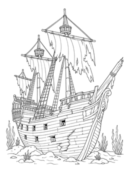 An underwater shipwreck coloring page featuring a damaged galleon on the ocean floor.