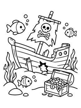 Free printable Sunken Pirate Ship And Treasure Chest coloring page