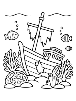 Free printable Sunken Ship In Coral Reef coloring page