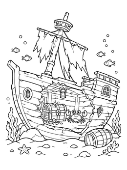 Free printable Sunken Ship With Crab And Treasure coloring page