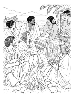 A friendly beach rescue scene in this shipwreck coloring page with a warm bonfire.