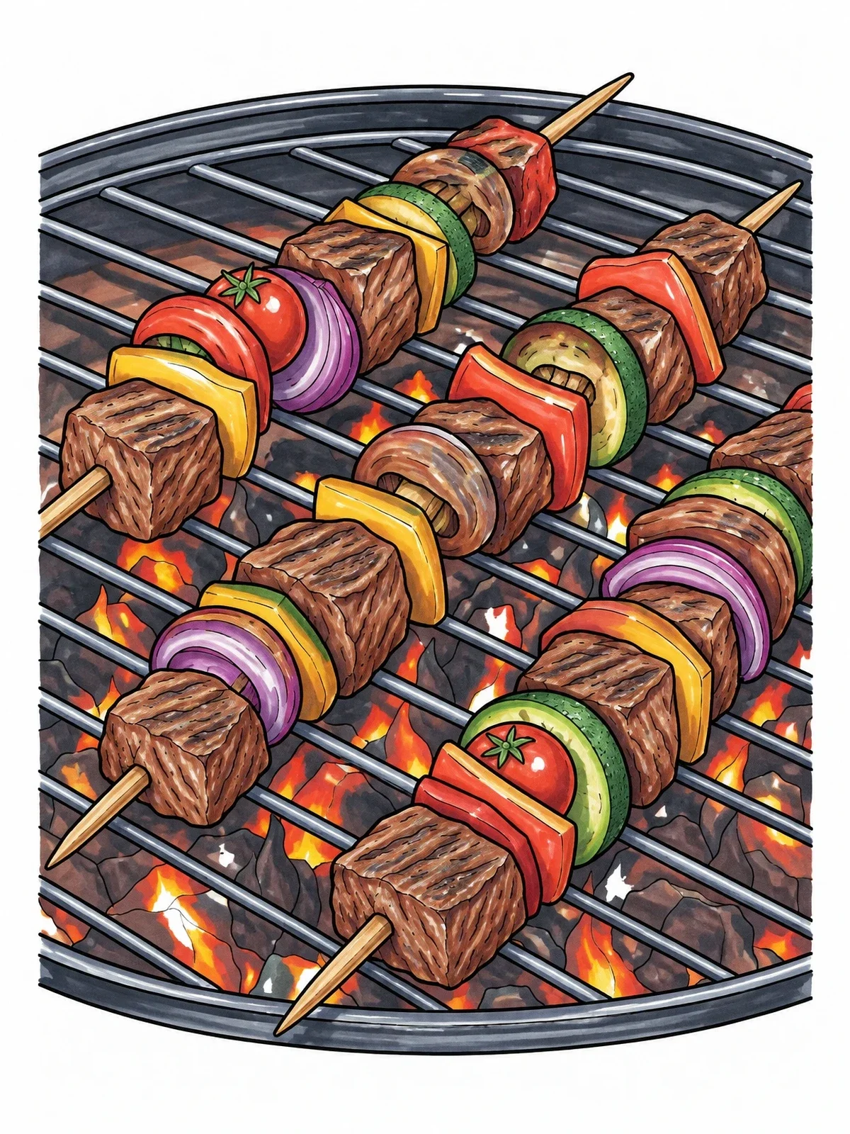 Colored example of the Shish Kebabs Sizzling On The Grill coloring page