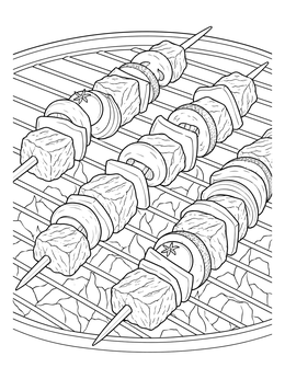 Shish kebabs sizzle on an open grill in this cookout coloring page.