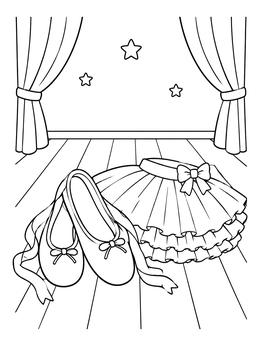 Ballet slippers rest beside a ruffled tutu skirt on stage in this shoe coloring page.