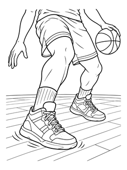 A basketball shoe coloring page showing a player pivoting with sneakers on a wooden court.