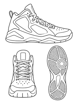 Side, front, and bottom sole angles on this basketball shoe coloring page.