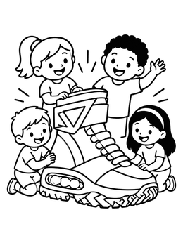 Happy children exploring a giant sneaker in this fun shoe coloring page.