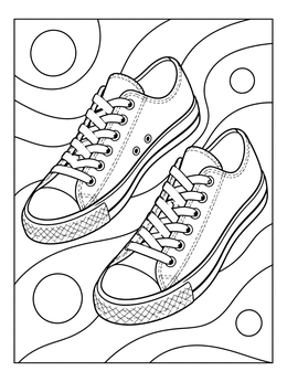 A pair of lace-up sneakers featured on this shoe coloring page with wavy background lines.