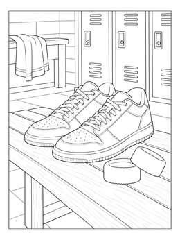 A detailed shoe coloring page showing court sneakers and wristbands on a locker room bench.