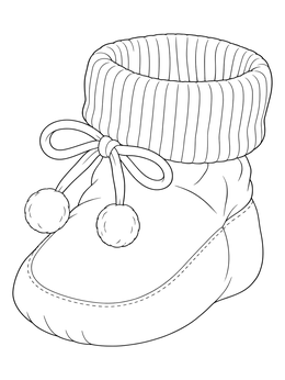 A cozy infant bootie with pom-poms on this shoe coloring page.