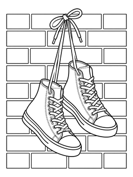 A shoe coloring page showing a pair of high-top canvas sneakers tied by their laces against a brick wall.