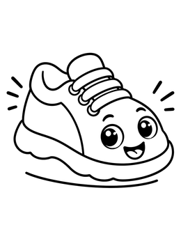 A happy shoe coloring page featuring a smiling cartoon sneaker.