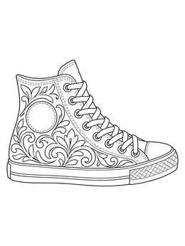 A detailed high top canvas shoe coloring page featuring elegant floral swirl patterns.