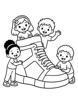 Free printable Happy Kids Around Giant Sneaker coloring page