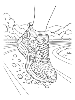 Detailed running shoe coloring page showing a sneaker kicking up pebbles on an outdoor track.