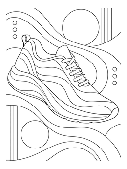 A stylish athletic sneaker floating against abstract curves in this shoe coloring page.