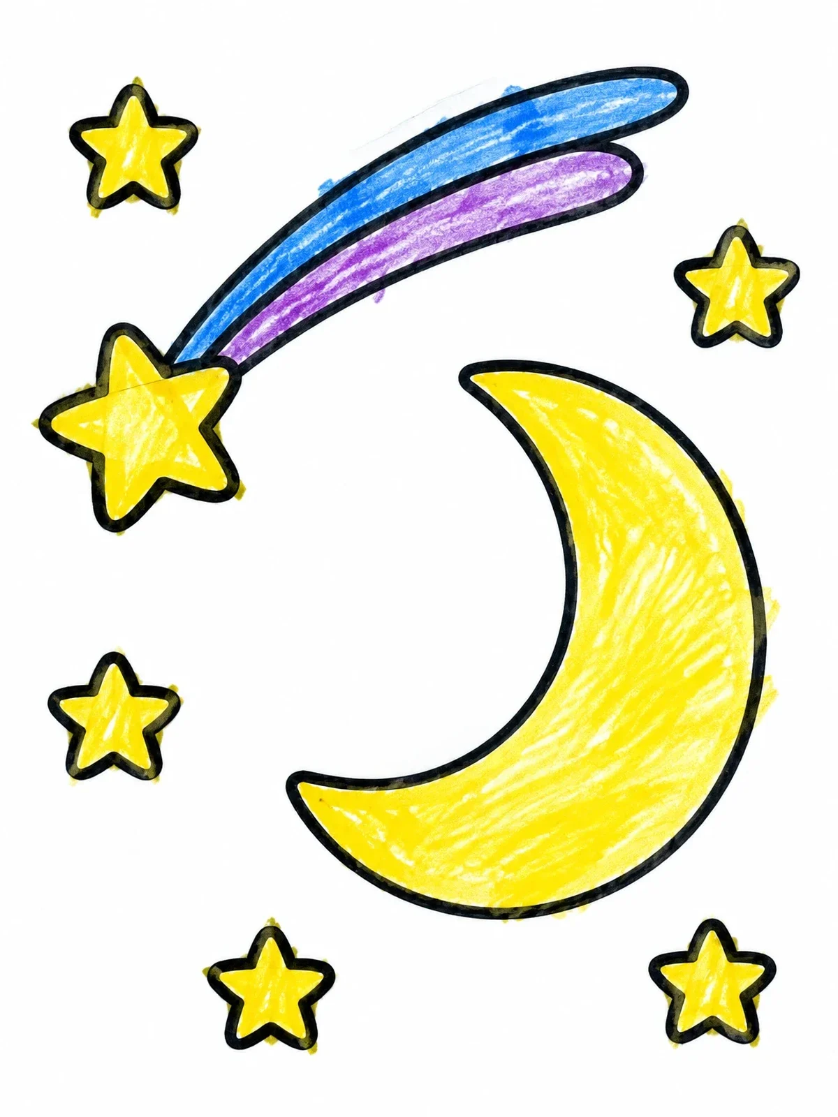 Colored example of the Shooting Star And Crescent Moon coloring page