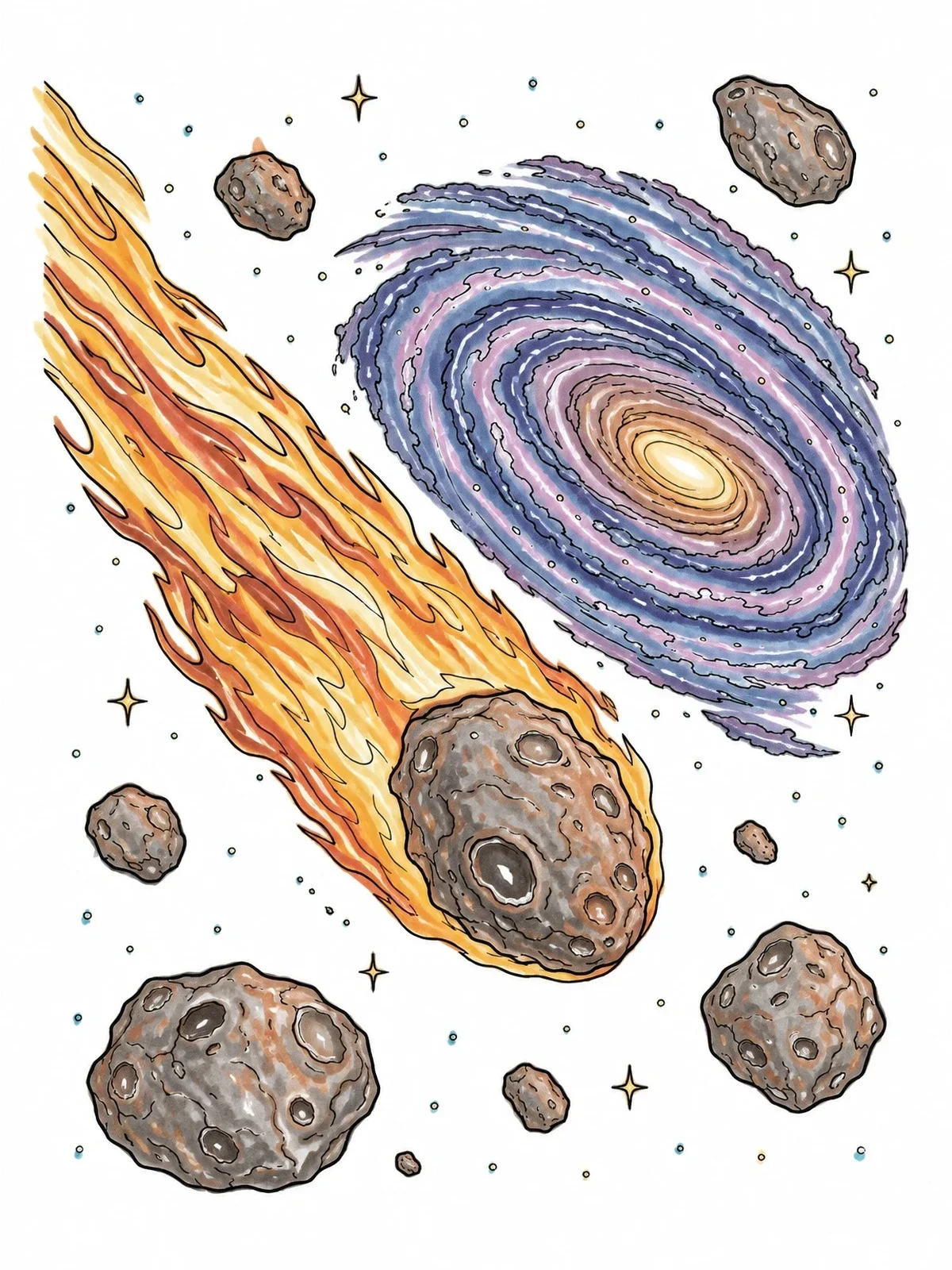 Colored example of the Meteor Blazing Past Spiral Galaxy coloring page