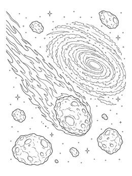 A blazing meteor streaks past a swirling galaxy in this shooting stars coloring page.