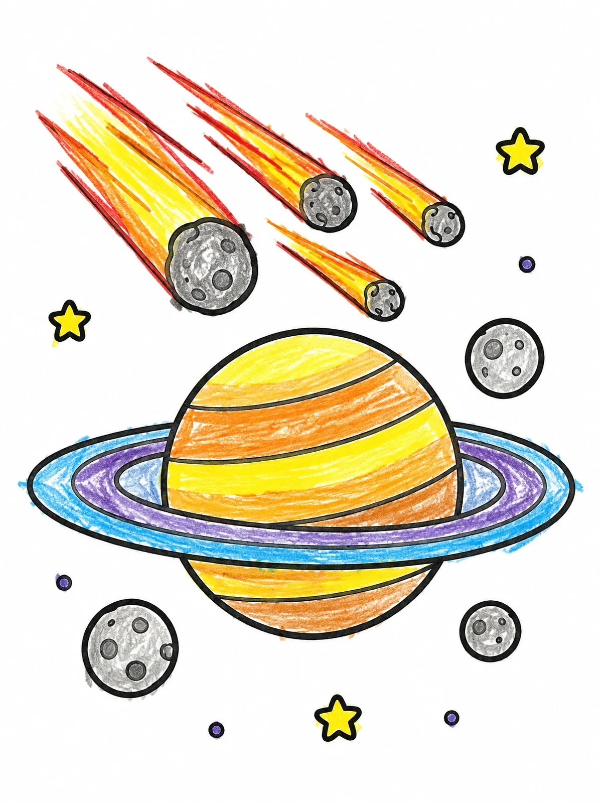 Colored example of the Meteors Flying Past Ringed Saturn coloring page
