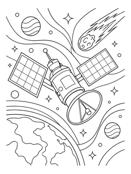 A detailed satellite in orbit with a meteor in this shooting stars coloring page.