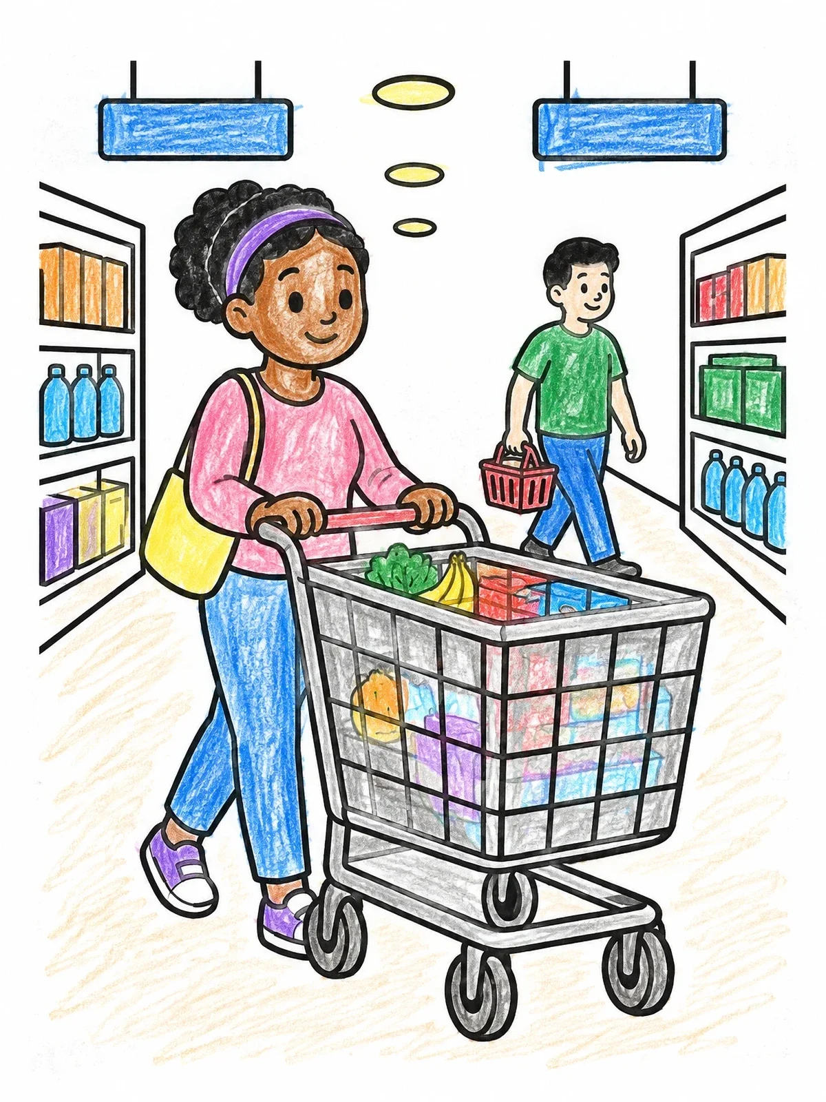 Colored example of the Shopper Pushing Cart In Grocery Store coloring page