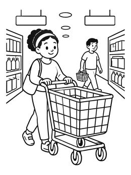 Free printable Shopper Pushing Cart In Grocery Store coloring page