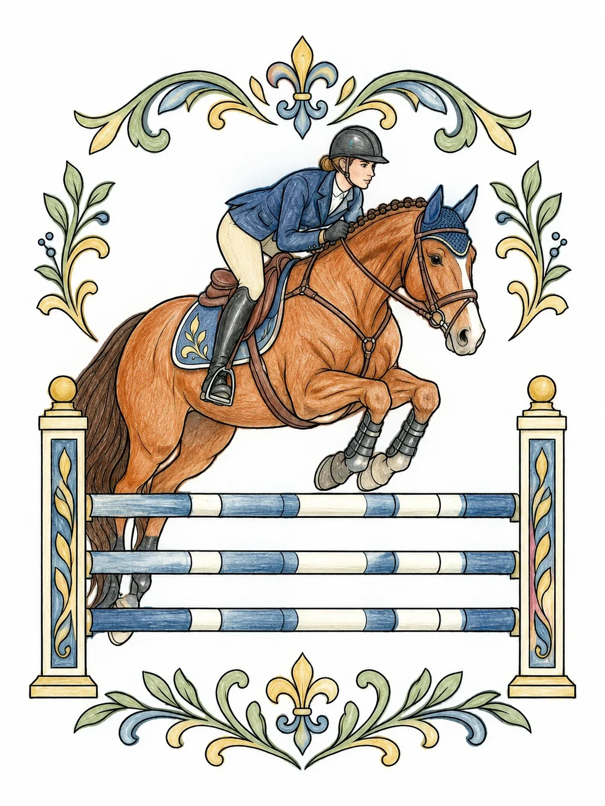 Colored example of the Show Jumping Horse And Equestrian Rider coloring page