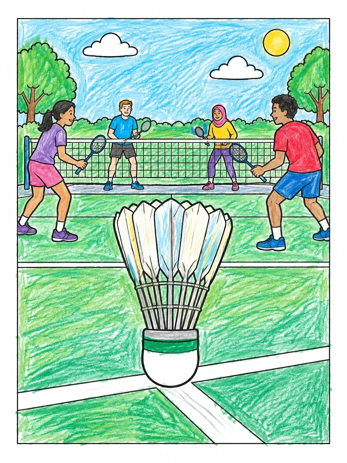 Colored example of the Shuttlecock Close Up With Badminton Players coloring page