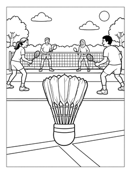 Free printable Shuttlecock Close Up With Badminton Players coloring page