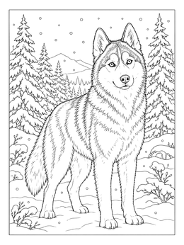 A fluffy husky coloring page showing a dog standing proudly in a winter forest.