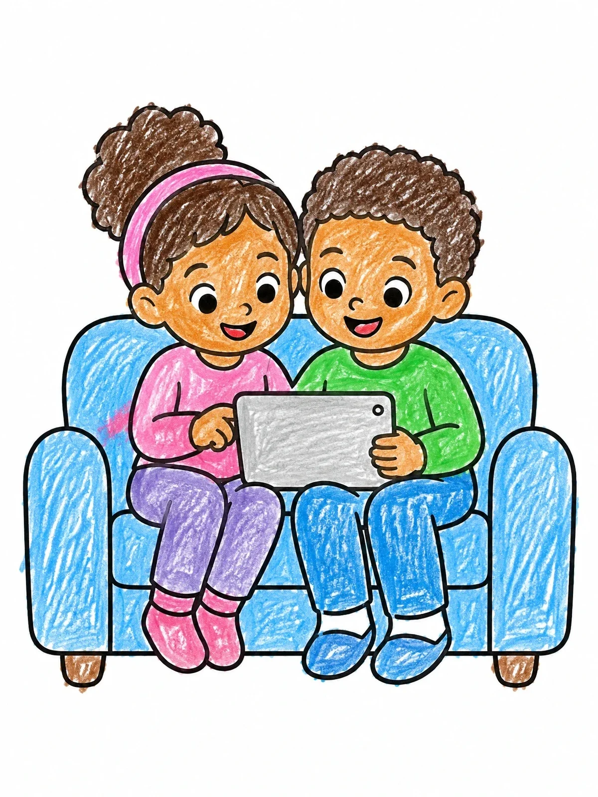 Colored example of the Siblings Sharing A Tablet coloring page