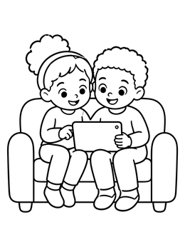 Free printable Siblings Sharing A Tablet coloring page