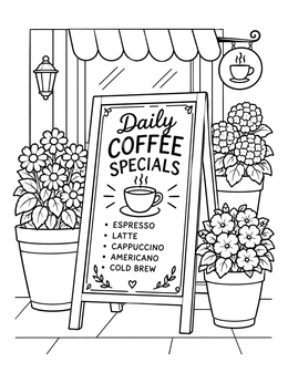 A sidewalk chalkboard menu with daily specials in this coffee coloring page.