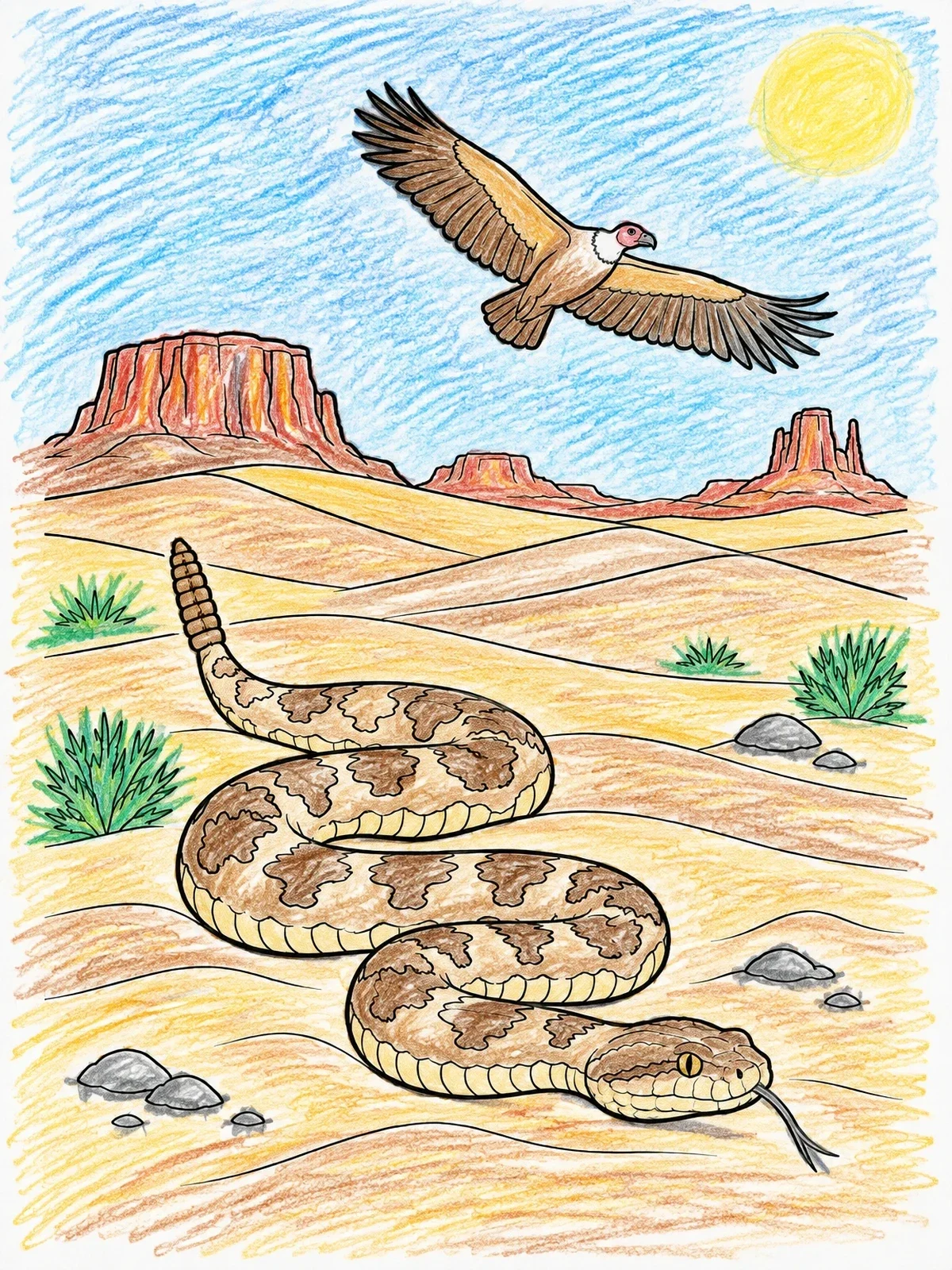 Colored example of the Sidewinder Rattlesnake In Desert Landscape coloring page