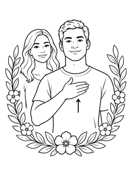 A young man signs pride within a floral wreath on this pride coloring page.