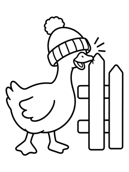 A playful goose coloring page showing a funny duck or goose wearing a beanie pulled over its eyes.