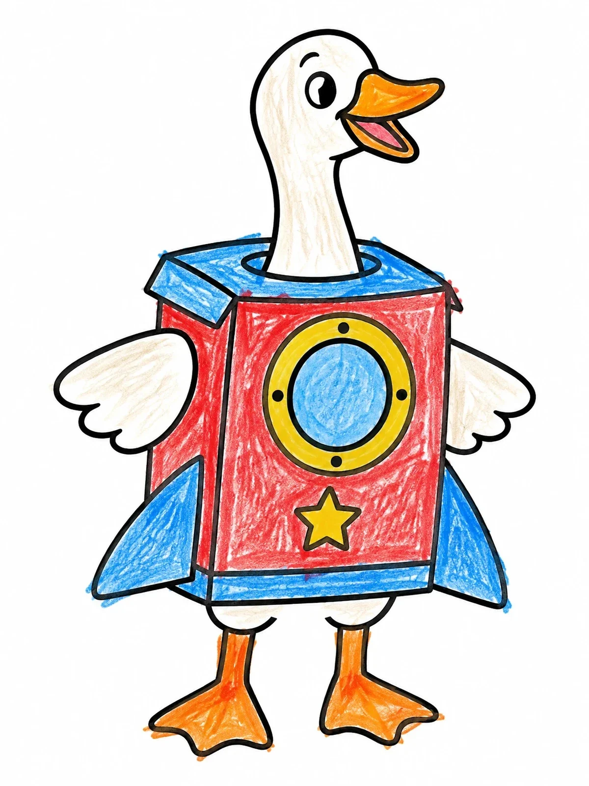 Colored example of the Silly Goose In A Rocket Box coloring page