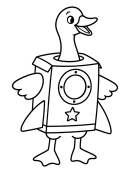 A fun goose coloring page featuring a cheerful goose wearing a homemade cardboard rocket costume.