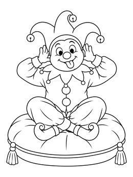 A playful jester coloring page featuring a smiling court clown sitting cross-legged on a large plush cushion.