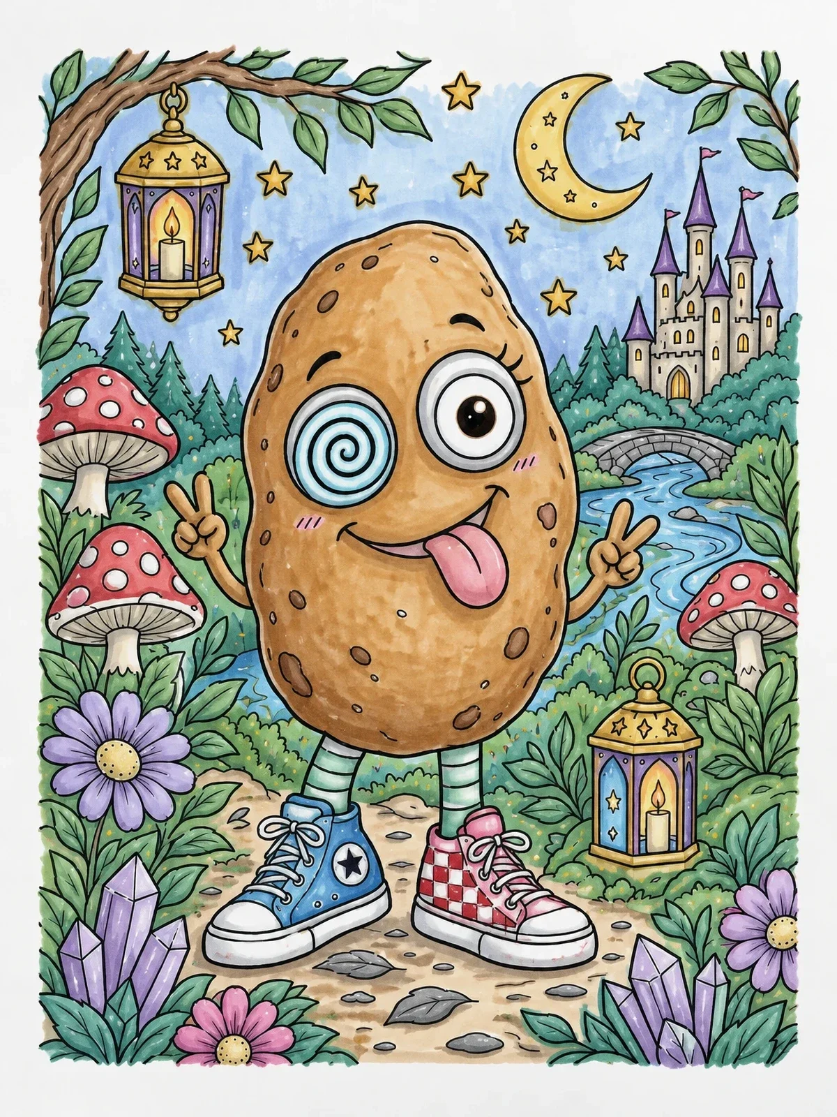 Colored example of the Silly Potato In A Fairytale Garden coloring page