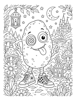 A potato coloring page showing a funny potato character in sneakers surrounded by lanterns, mushrooms, and a castle.