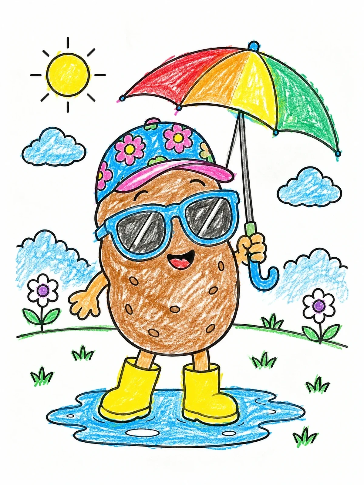Colored example of the Silly Potato With Umbrella And Sunglasses coloring page
