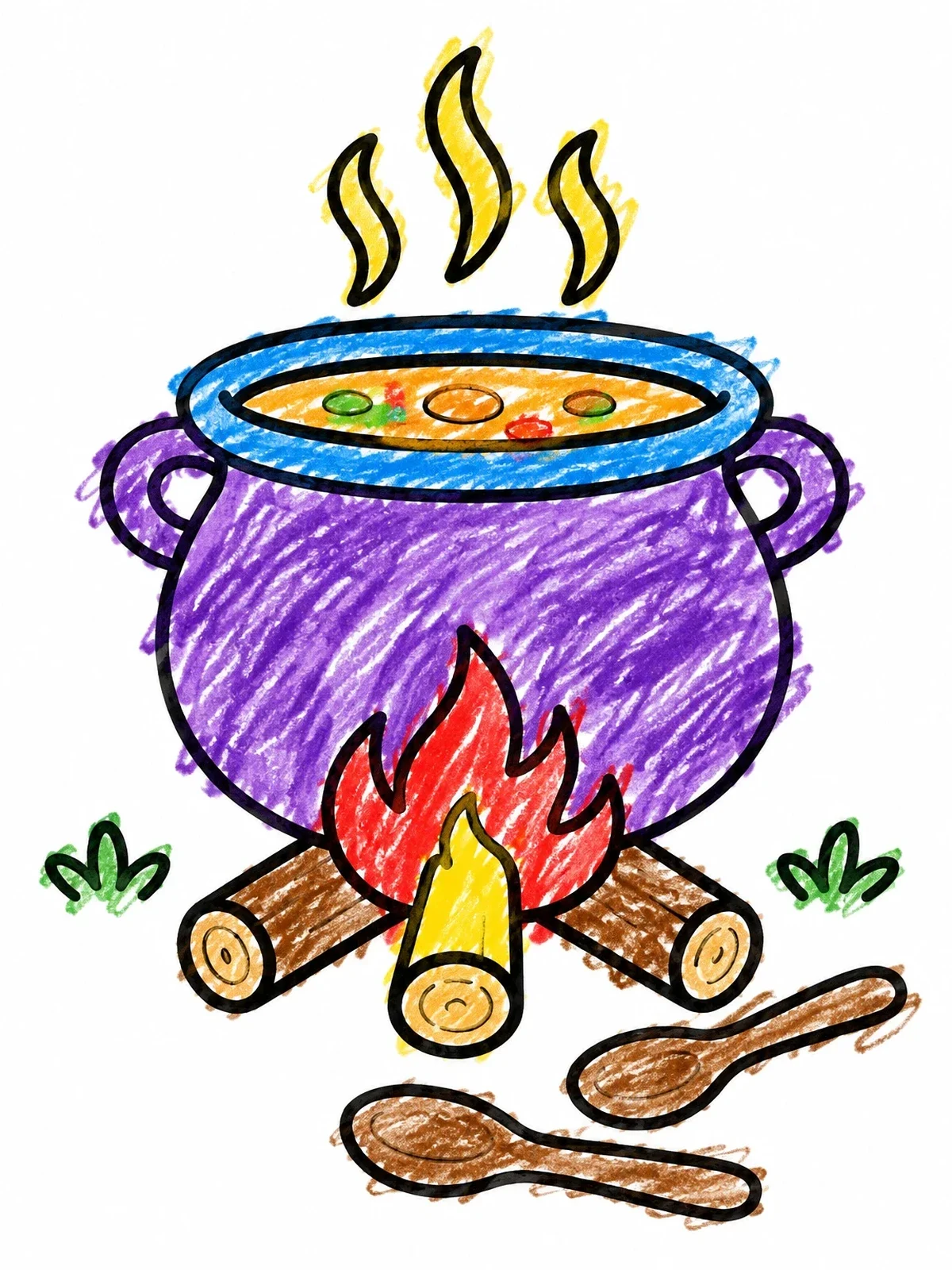 Colored example of the Simmering Cauldron Over Campfire coloring page