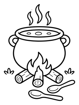 Free printable Simmering Cauldron Over Campfire coloring page
