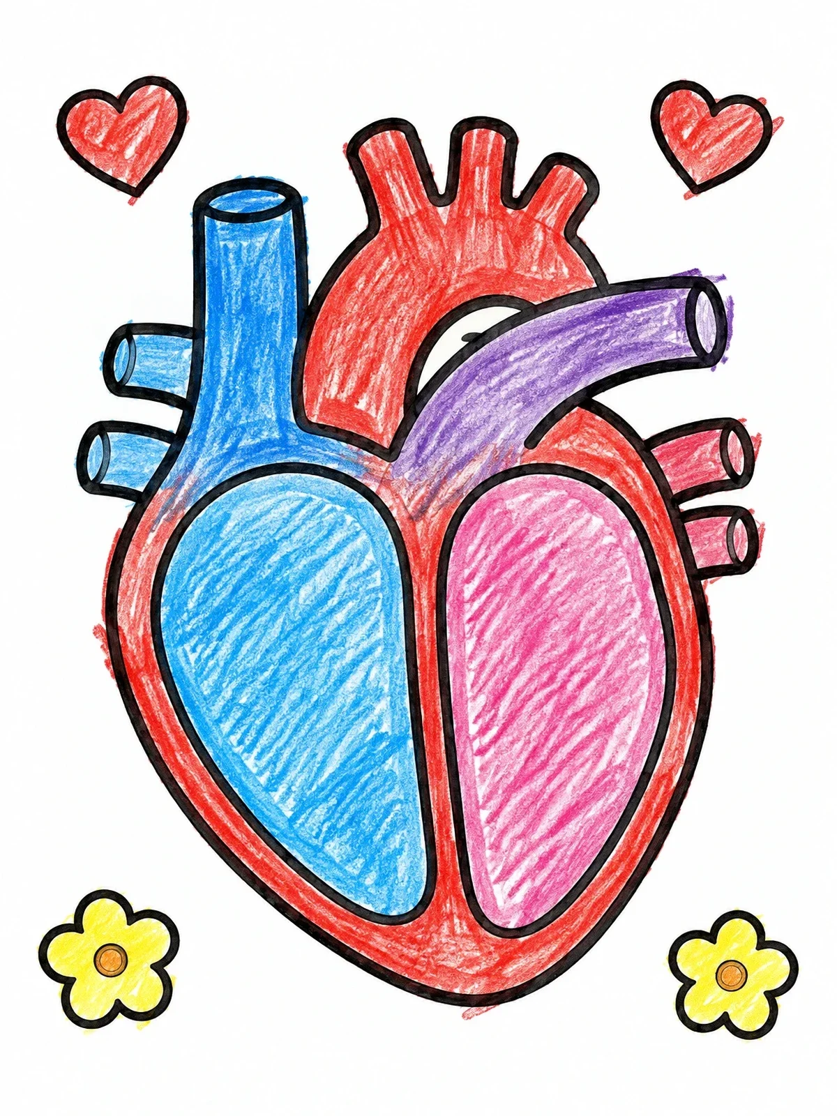 Colored example of the Simple Anatomical Human Heart For Kids coloring page