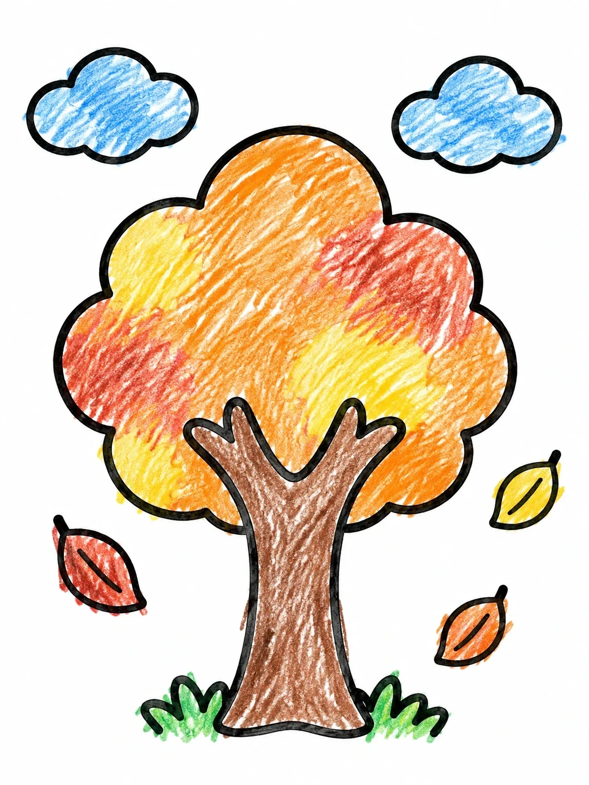Colored example of the Simple Autumn Tree And Falling Leaves coloring page