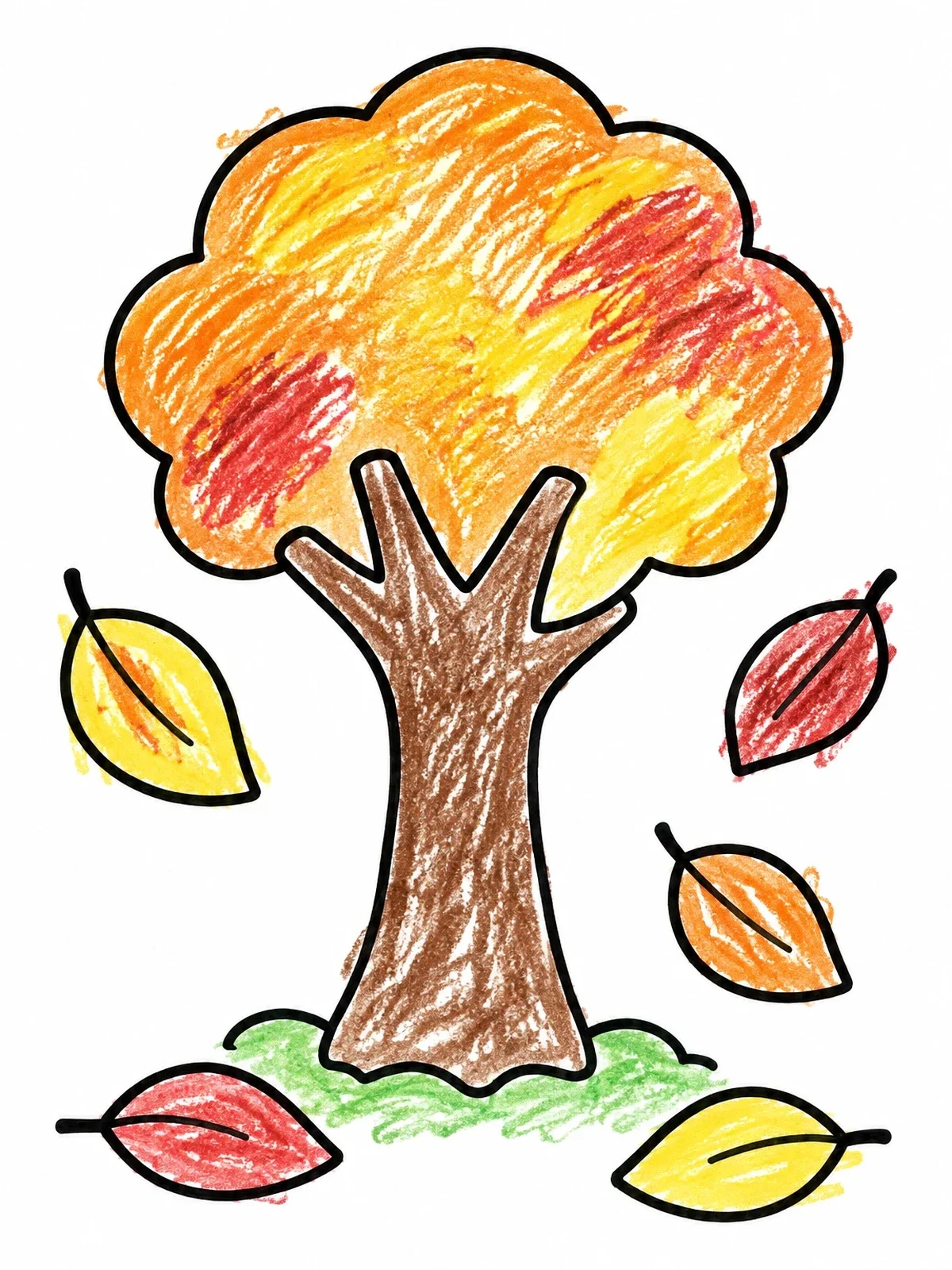 Colored example of the Simple Autumn Tree And Falling Leaves coloring page