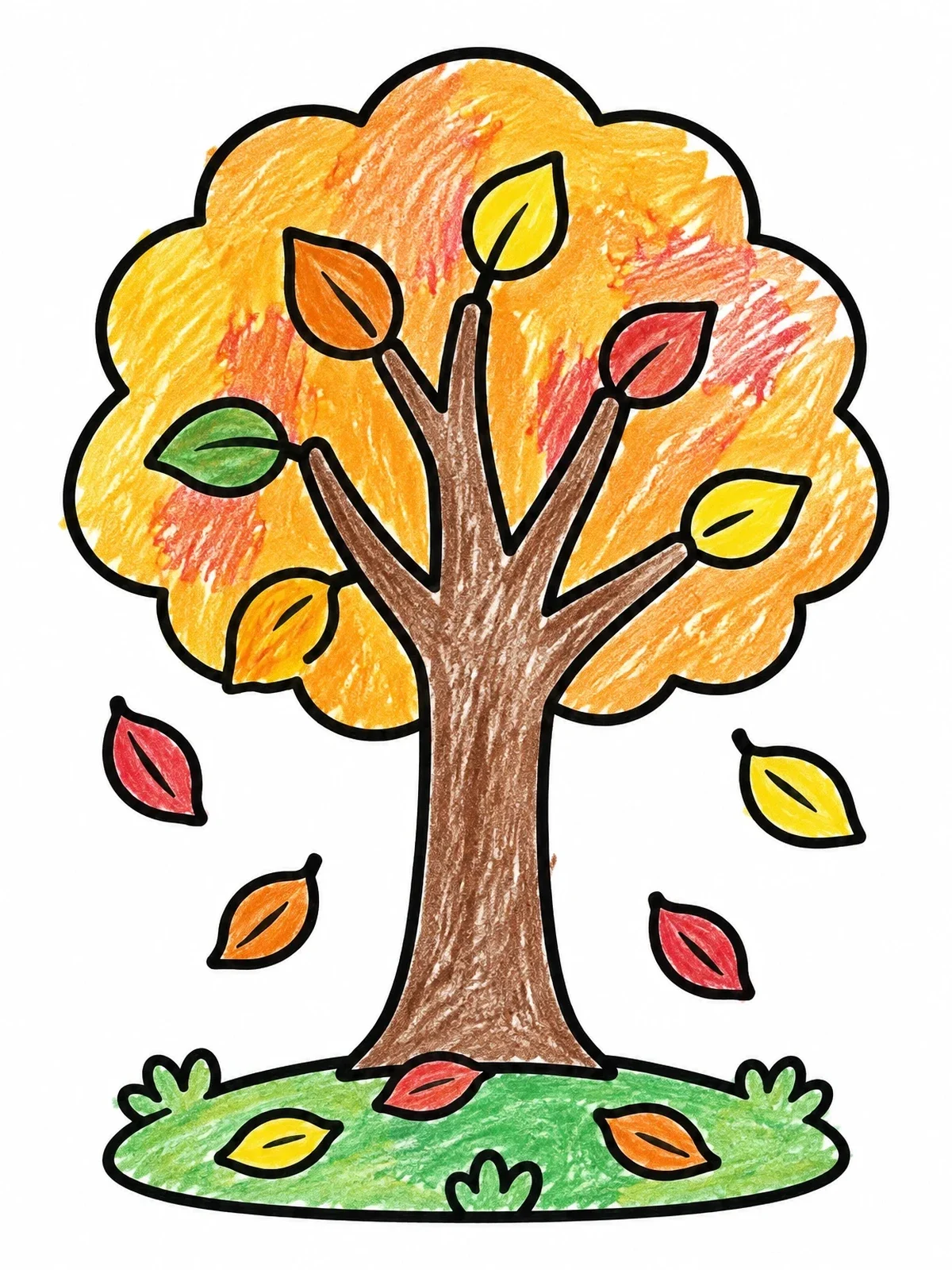 Colored example of the Simple Autumn Tree With Falling Leaves coloring page