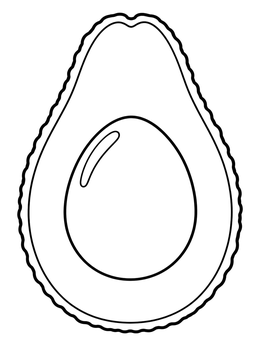 A simple avocado coloring page showing a cut avocado half with a large seed in the center.